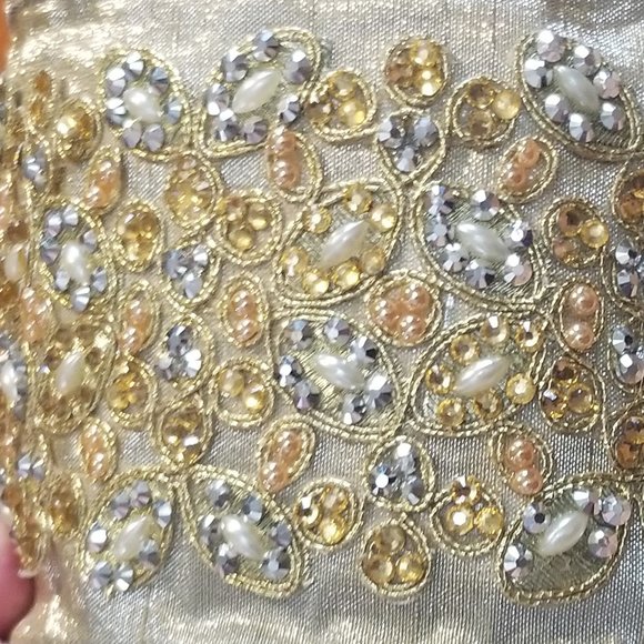 RARE D STEVENS LUXURY 4" ROYAL CHRISTMAS FALL LEAF GOLD JEWEL PEARL WIRED RIBBON - Picture 2 of 7